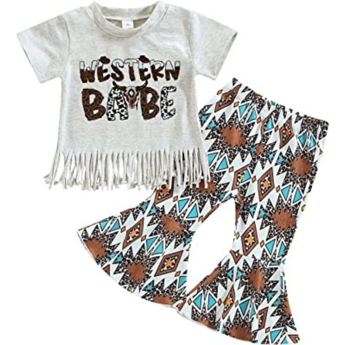 Fernvia Toddler Baby Girl Clothes Summer Crew Neck Letters Print T-Shirt with Flare Pants Headband 3Pcs Outfits Set
