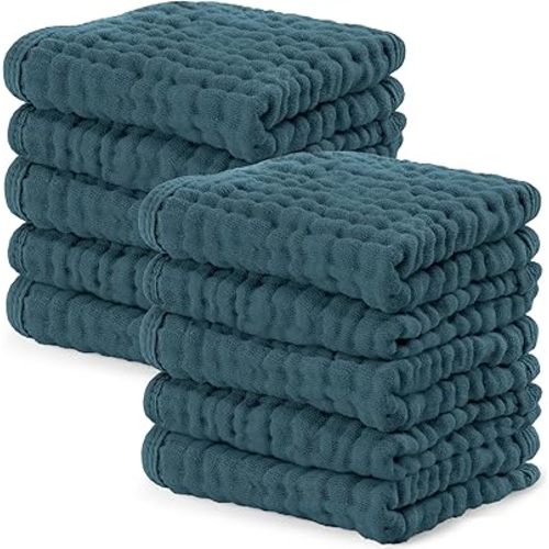 Comfy Cubs Muslin Baby Washcloths 10 Pack - Soft 6-Layer Cotton Wash Cloths for Sensitive Skin - 10"x10" Large, Gentle, Absorbent Infant Essentials for Newborn and Toddlers - Neptune
