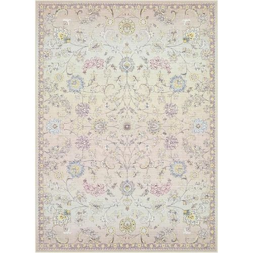 Joydeco Floral Light Pink 5x7 Area Rug for Bedroom Kids Room, Machine Washable Boho Playroom Nursery Rug Non Slip, Low Pile Indoor Floor Carpet for Living Dining Room Dorm Classroom