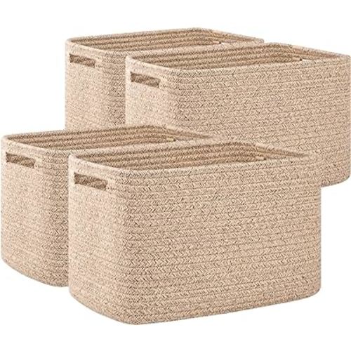 OIAHOMY 4 Pack Storage Baskets for Organizing, Cube Storage Bins for Shelves, Rectangle Storage Baskets With Handles, Woven Baskets for Storage, 12.7''Lx9''Wx7.8''H, Brown