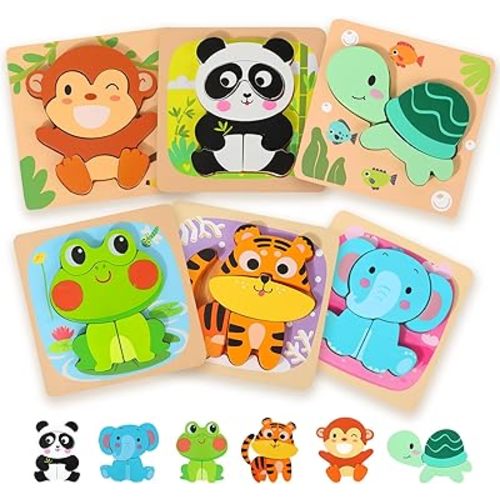 Wooden Puzzles for Toddlers 2-4, 6 Pack Animal Shape Puzzle Montessori Toys for 1 2 3 Year Old, Educational Learning Toys for Girls Boys