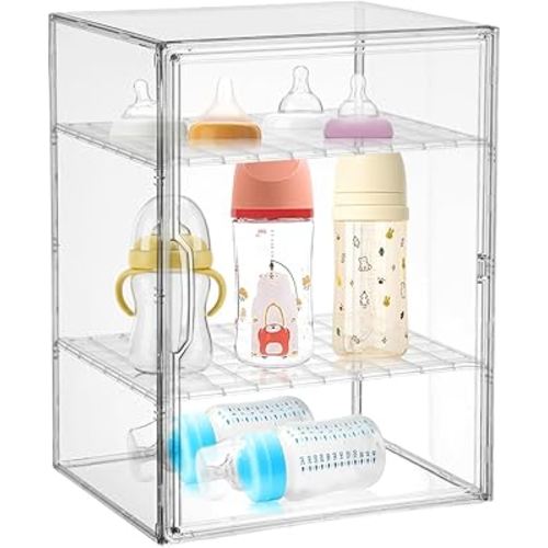 3-Tier Baby Bottle Organizer 15.7×11.8×9.8 inches Clear Acrylic Baby Bottle Storage Organizer for Countertop Cabinet Bottles Storage Station Case Box Container for Nipples Pump Parts Food Jars