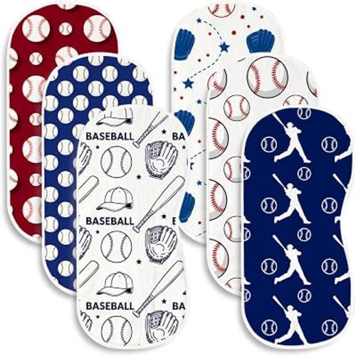 6 Pack Baseball Baby Burp Cloths, 20x10 Contoured Burp Rags with Sports Bat & Glove Print, Ultra Absorbent Soft Shoulder Pads Newborn Registry Gift for Boys