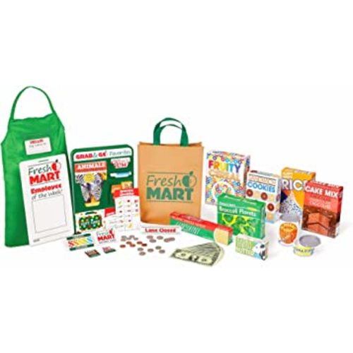 Melissa & Doug Fresh Mart Grocery Store Play Food and Role Play Companion Set - Kids Pretend Grocery Shopping For Kids Ages 3+