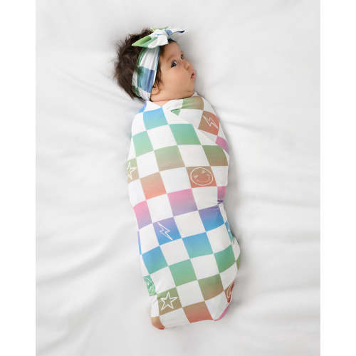 Ombre Cheery Checks Swaddle & Luxe Bow Headband Set | Little Sleepies