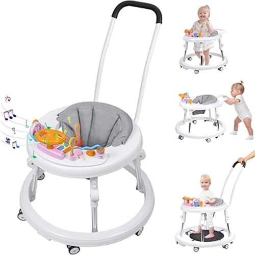 Baby Walker, Foldable 9-Gear Height Adjustable Baby Walker with Wheels, Infant Toddler Walker with Music Disk, Anti-Fall Baby Walkers and Activity Center with Foot Pads for Boys and Girls 6-24 Months