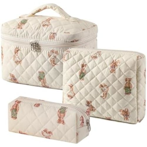 uekeboag 2 pcs Large Floral Quilted Makeup Bag Set for Women, Cotton Quilted Big Cosmetic Bag, Coquette Aesthetic Cute Travel Toiletry Bag