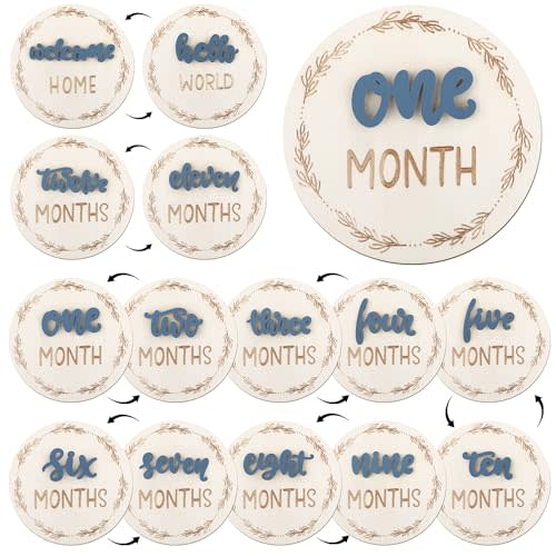Baby Monthly Milestone Cards, Wooden 3D Baby Milestone Signs, Double Sided Blue Monthly Baby Milestone for Newborn Boy Girl 1-12 Months Photos