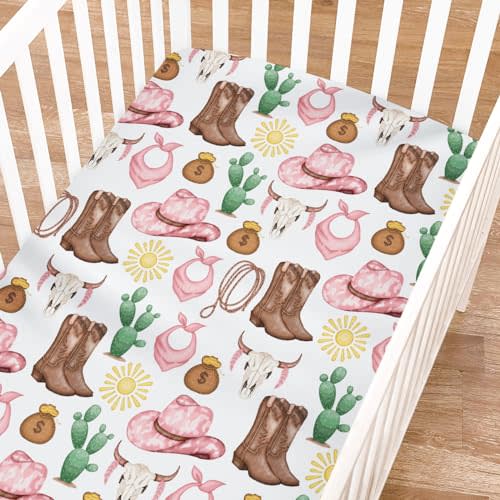 Pink Western Cowgirl Cowboy Fitted Baby Crib Sheet for Boy Girl 52"x28" Desert Cowboy Hat Boot Sun Cactus Soft Breathable Baby Crib Mattress Bed Sheet Fits Standard Crib and Toddler Mattress