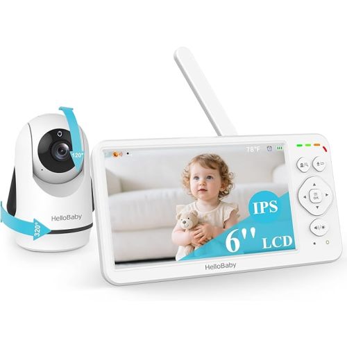 HelloBaby Baby Monitor with Camera and Audio, Large 6'' Video Baby Monitor No WiFi,30-Hour Long Battery, 320° Pan-Tilt Camera with 2X Zoom, Night Vision, 2-Way Talk,ECO,1000ft, Portable, 150 Languages
