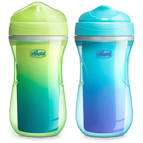 Chicco Double-Wall Insulated Sippy Cup with Bite-Proof Rim Spout and Spill-Free Lid 9oz.| Top-Rack Dishwasher Safe | Easy to Hold Ergonomic Indents | Green/Teal Ombre, 2pk| 12+ Months