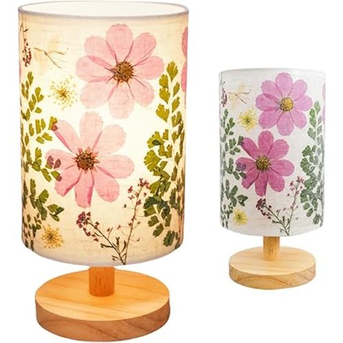 Dried Flowers Table Lamp 5W LED 3-Color Pressed Flower Bedside Lamp Linen Shade with Wood Base for Bedroom Living Room Desk Office