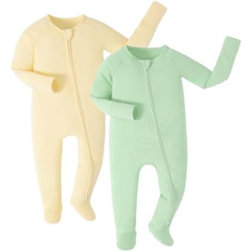 JunNeng Newborn Baby Boy Footie Pajamas,viscose from Bamboo Sleeper with Mittens,2 Way YKK Zipper Romper,0-12 Months Clothes