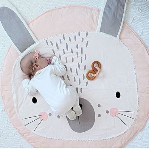 ABREEZE Animal Nursery Rug Tummy Time Blanket Playroom Area Rug Nursery Rug Cartoon Rabbit Baby Play Mat Round Crawling Blanket Carpet Cartoon Rabbit Design Home Room Decor 35X37 inches,Pink