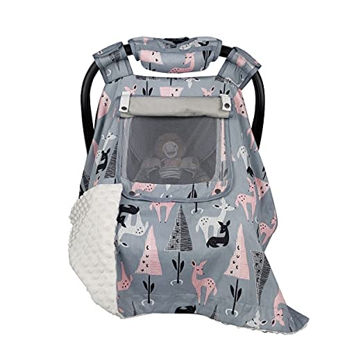 ICOPUCA Car Seat Covers for Babies Unisex Newborn, Carseat Cover Girls/boy with Handle Cushion, Suit Spring Autumn Winter, Deer, Cotton & White Minky;