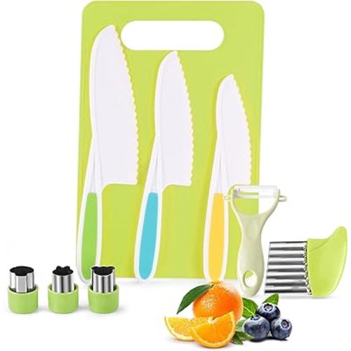9PCS Montessori Kitchen Tools Cookware Baking Toy, Kids Knife Set for Real Cooking with Cutting Boards, Crinkle Cutte, Y Peeler, Serrated Edges Plastic Toddler Knife Kid Safe Knives