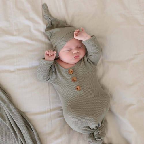 Eucalyptus Waffle Bamboo Newborn Baby Knot Gown & Hat Set*