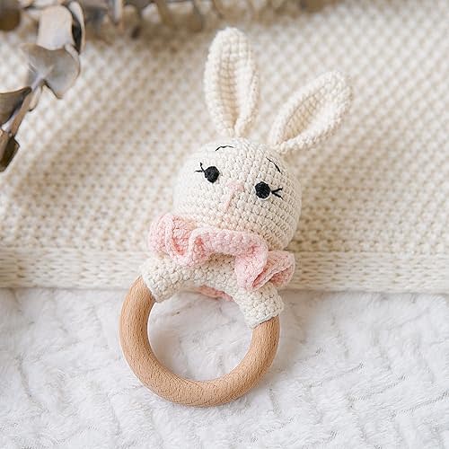 Wooden Baby Rattle Toy - Deluxe Handcrafted Wooden Bunny Rattle and Teether | White & Pink Crochet Stuffed Animal | Multi-Texture Sensory Toy for Newborns | Baby Announcement Ideas | Baby Boo Boutique