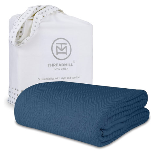 Threadmill Luxury Cotton Blankets for Twin Size Bed | All-Season 100% Cotton Twin Blanket for Bed | Herringbone Lightweight, Soft & Cozy Fall Thermal Blanket, 350GSM, 68x92 inches | Folkstone Blue
