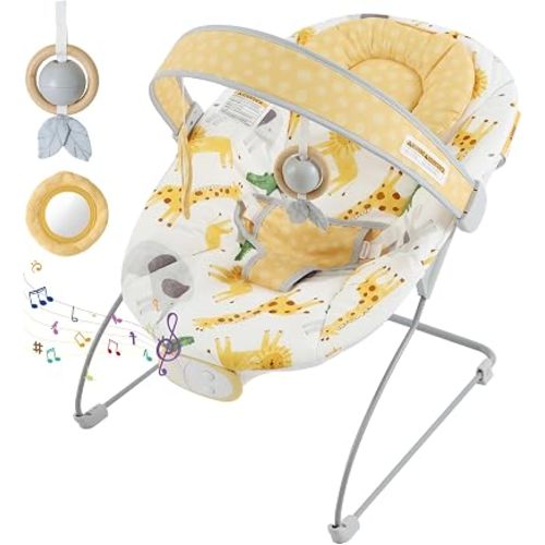 Portable Baby Bouncer Seat with 8 Melodies, 3 Vibration Levels & Adjustable Volume, Foldable Infant Bouncer Rocker with Safety Harness for Baby 0-6 Months, Indoor & Outdoor Use BR2405