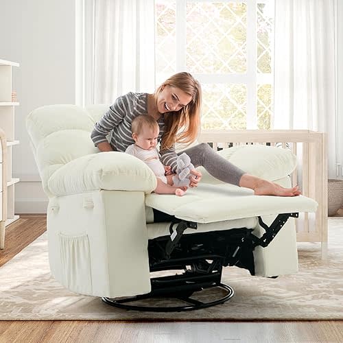 Recliner Chair, 360° Swivel Rocker Chair for Small Spaces,Upholstered Fabric Glider Nursery Chair with Side Pockets for Living Room,Q235 Steel Frame,Chenille Fabric, Tool-Free Assembly​