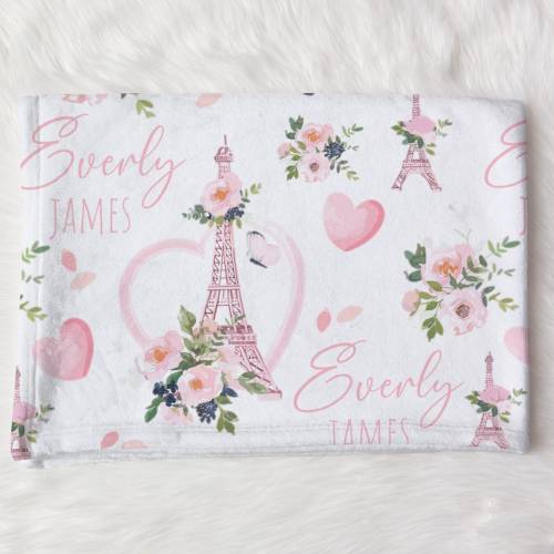 Custom Pink Flowers Swaddle, Personalized  Eiffel Tower Baby Name Blanket, Wildflower Swaddle, New Mom Gift, Newborn Gift, Baby Shower Gift