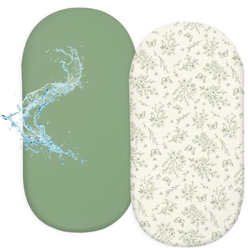 FIOBEE Baby Bassinet Sheets for Girls Boys 2 Pack Waterproof Bassinet Mattress Elastic Fitted Crib Sheets Universal Fit for Hourglass Oval and Rectangle Bassinet Sheet 33" x 17", Green