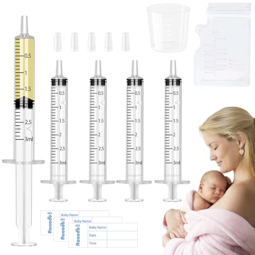 ﻿Colostrum Collector Kit Include 100pcs 3ml Sealed Breast Milk Collector No Needle Colostrum Syringes 5 Breastmilk Storage Bags and 1 piece 30 ml measuring cup with 100 Stickers