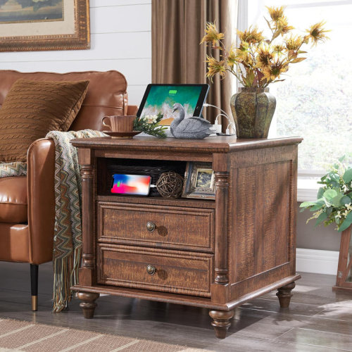 OKD Rushville Farmhouse 2 - Drawers Nightstand with Charging Station, Tall Rustic Wood Square End Table with Open Shelf & Reviews | Wayfair