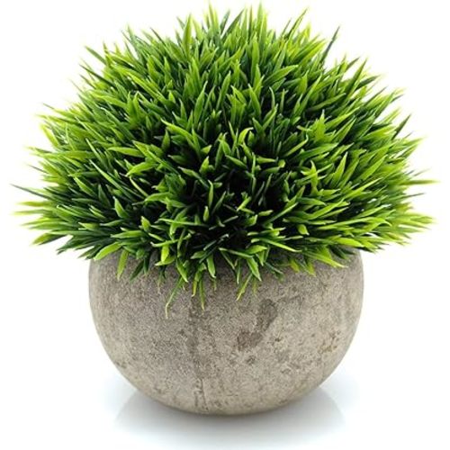 Velener Mini Plastic Fake Green Grass Plant with Pot, Topiary Ball, Small Fake Plant, Round Paper-Mache Pot for Indoor Office, Kitchen, Bathroom and Living Room Decor