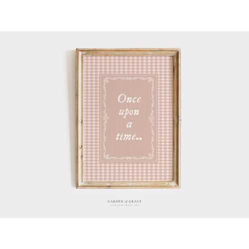 Once Upon a Time Nursery Wall Art, Vintage Fairy Girl Room Decor, Horizontal Gingham Farmhouse Print, Cottagecore Vintage Quote Prints