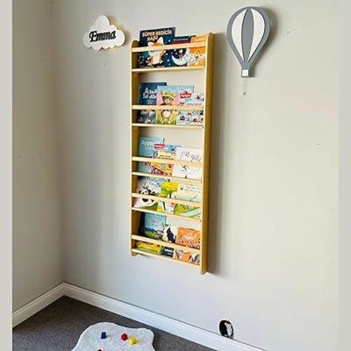 Handmade Natural Wood 5 Tier Montessori Kids Bookshelf, Wall Mounted Wide Book Shelf for Nursery, Space Saver Children's Book Rack Wall for Bedroom, Living Room (Narrow, 13" Width, Chestnut)