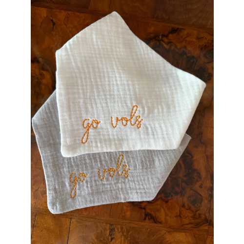 game day baby bibs • go vols bib • custom gameday bib • embroidered Tennessee bib • muslin bandana bib • custom embroidered baby bib