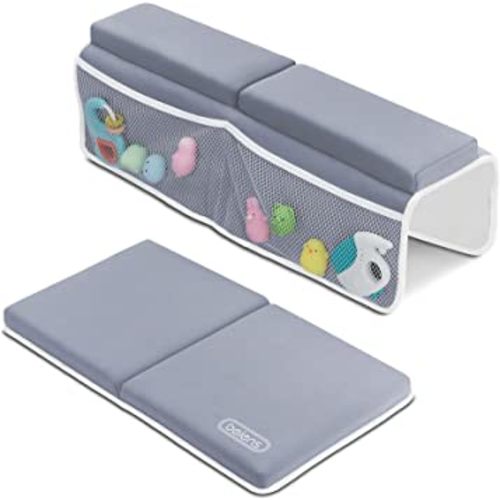 beiens Bath Kneeler and Elbow Rest Pad, 1.5'' Thick Quickly Dry Kneeling Pad and Elbow Support for Knee & Arm Support Large Bathtub Kneeling Mat with Toy Organizer for Happy Baby Bathing Time (Grey)