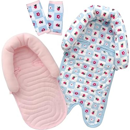 GoldBug Deluxe Duo Car Seat Head Support + Matching Strap Covers for Baby and Infant - Patchwork Berry