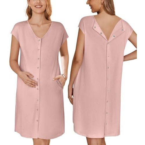Ekouaer Labor/Delivery/Hospital Gown Nursing Nightgown Maternity Sleepwear With Pockets Postpartum Gowns with Button S-XXL