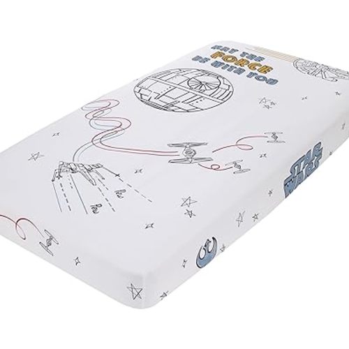 NoJo Star Wars May The Force Be with You White, Blue, and Gold Millennium Falcon and Death Star Photo Op Nursery Fitted Crib Sheet