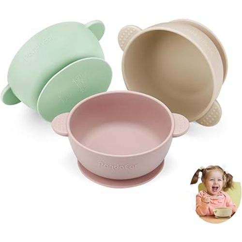 PandaEar 3 Pack Baby Bowls with Suction| Stay Put Silicone Food Bowl for Babies Kids Toddlers Infants| Food Grade Soft Safe BPA-Free Silicone (Pink Green Light Tan)