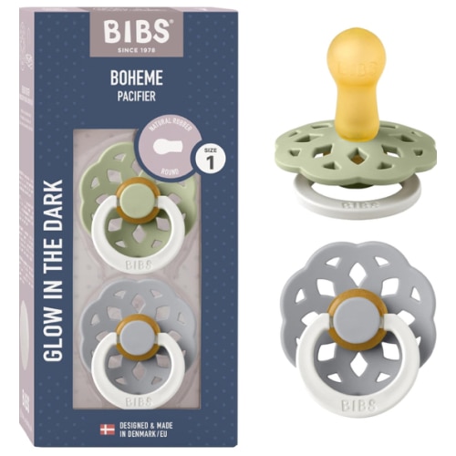 BIBS Boheme Glow in The Dark Soother 2pk. BPA Free. Round Latex, Size 1 (0-6Months), Sage Glow/Cloud Glow