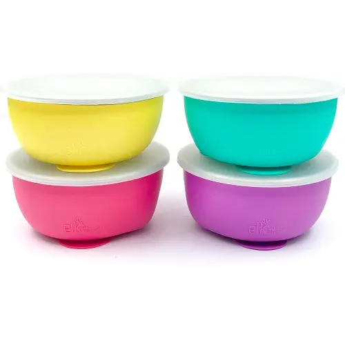 Elk and Friends Stainless Steel Bowls with Silicone Sleeve for Babies & Toddlers | Lids Included | Stay Put Suction | Cereal & Snack Bowls | 4 Pack