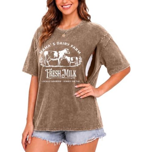 Wrenpies Zipper Nursing Friendly Tops for Women Breastfeeding Maternity Shirts Cotton Oversized Graphic Acid Wash Funny Tees