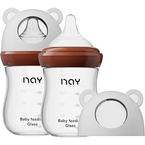 Natural Glass Baby Bottle for Breastfeeding Babies, 5.4oz Anti-Colic Baby Bottle with Natural Response Nipple(S), Clear, Wide Neck, 2 Pack, 1 Months+