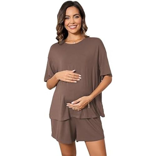 OYOANGLE Women's Maternity 2 Pieces Pajamas Outfits Loose Short Sleeve T-shirt Top and Shorts Loungewear