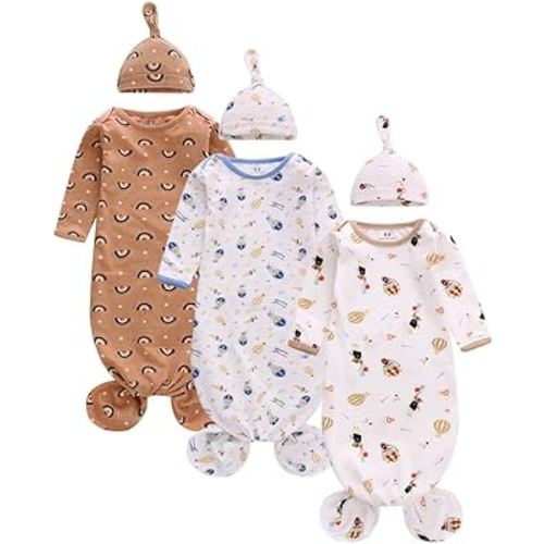 Miracle Baby Newborn Knotted Gown,3 Pack Baby Nightgown Cotton Newborn Sleeper Gown with Mitten Cuffs for Boys Girls (Ballon + Wave + Bear, 0-6 Months)