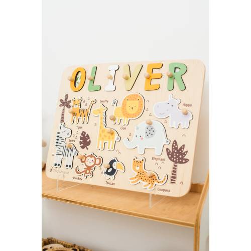 Safari Nursery Theme, Montessori Toys, Personalized Baby Gift, Jungle Animals Puzzle Board, Birthday Gift for Kids, Toddlers - ChildUniverse