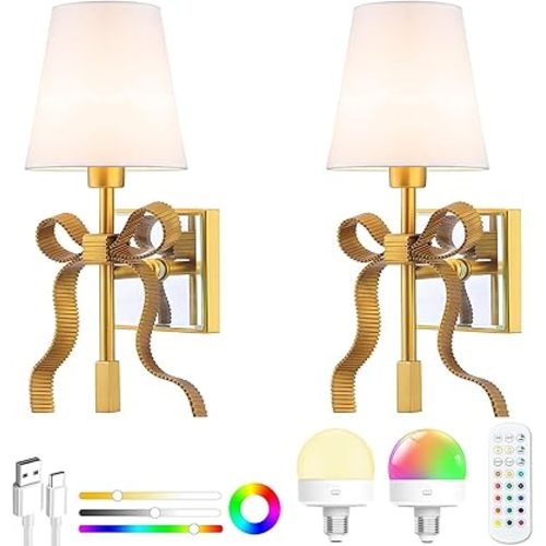 Battery Operated Wall Sconces Set of 2, Gold Wireless Bow Wall Light with 5200mAh Dimmable Bulbs & Remote, 15 Colors Rechargeable Brass Wall Sconce for Bedroom Living Room Hallway Decor