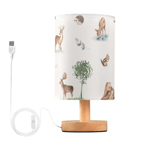 Oarencol Bedside Table Lamp Woodland Animals Nightstand Lamp with Wood Forest Deer Bear Chipmunk Hedgehog Desk Lamps for Bedroom Living Room Nursery Office Home Decor