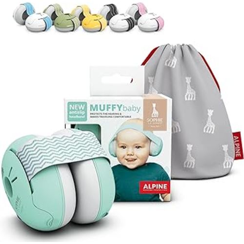 Alpine Muffy Baby Ear Protection for Babies and Toddlers up to 36 Months - CE & ANSI Certified - Noise Reduction Earmuffs - Against Hearing Damage & Improves Sleep - Official Sophie La Girafe Edition