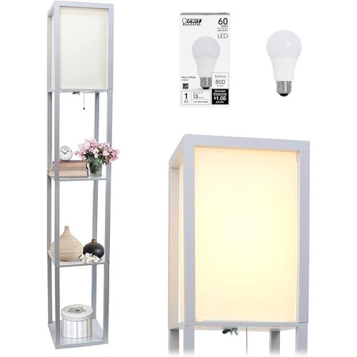 Simple Designs LF1014-GRY-LB Three Shelf Etagere Organizer Storage Floor Lamp with White Linen Shade for Living Room, Bedroom, Office, Hallway, Gray, with Feit LED Bulb Included