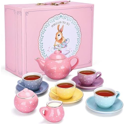 Jewelkeeper 13 Piece Complete Toddler Porcelain Tea Party Set - Exquisite Tea Cup Set for Little Girls - Includes Sugar Bowl, Creamer, Saucers in a Carrying Case - Colorful Pastel Dots